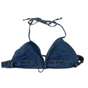SHEIN Denim Triangle Bikini Top Womens XL Blue Halter Tie Swim Top